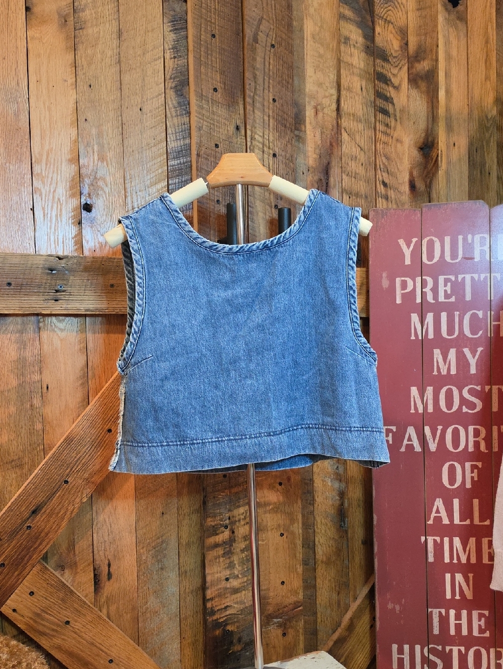 069p mittoshop Denim Crop Tank Top in Light Blue